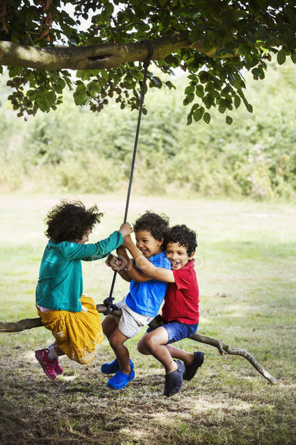 Chicos y chica sentado en árbol swing - foto de stock
