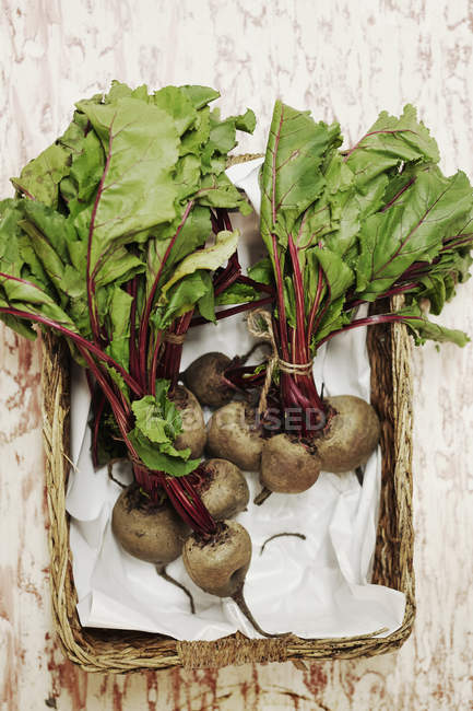 Bundles of beets in basket — Stock Photo