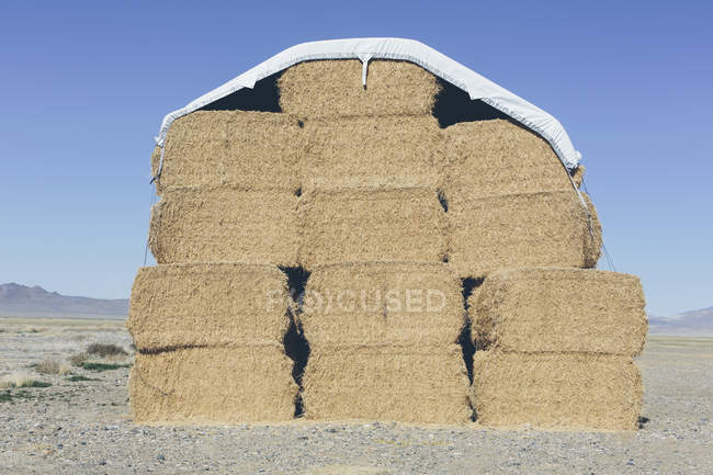 Tarpaulin covering stacked hay bales — Stock Photo