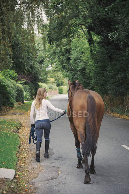 Mulher e cavalo caminhando ao longo da estrada — Fotografia de Stock