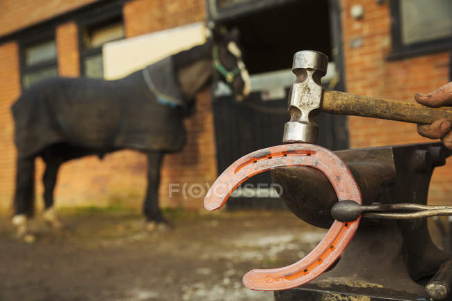 Farrier using tongs and hammer to hold horseshoe — Stock Photo