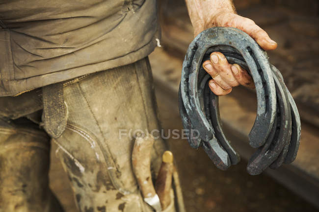 Farrier holding horseshoes — Stock Photo