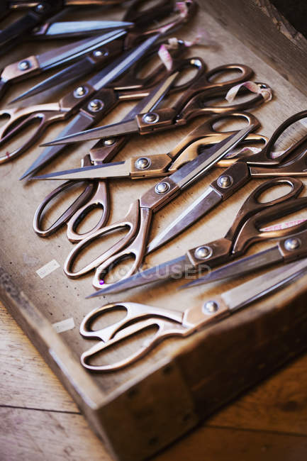 Vassoio di vecchie forbici sarte — Foto stock