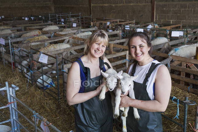 Miling women standing in a stable — Stock Photo