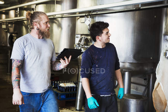 Мужчины, работающие на пивоварне — стоковое фото