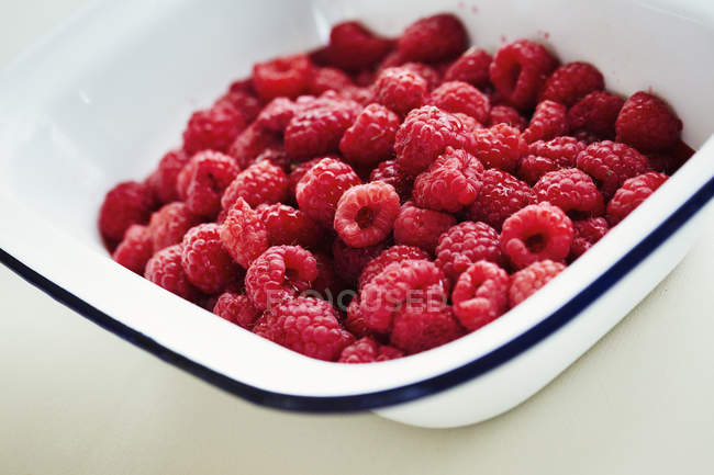 Raspberries in white enamel dish — Stock Photo