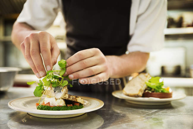 Chef in kitchen adding salad garnish — Stock Photo