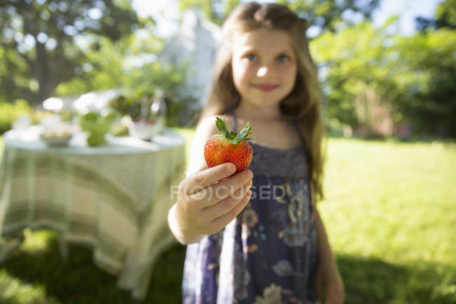 Chica desenfocada sosteniendo fruta de fresa grande con mesa en el fondo - foto de stock