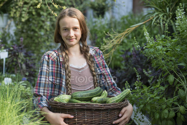 Вид спереди девочки-подростка, держащей корзину с кабачками в саду — стоковое фото