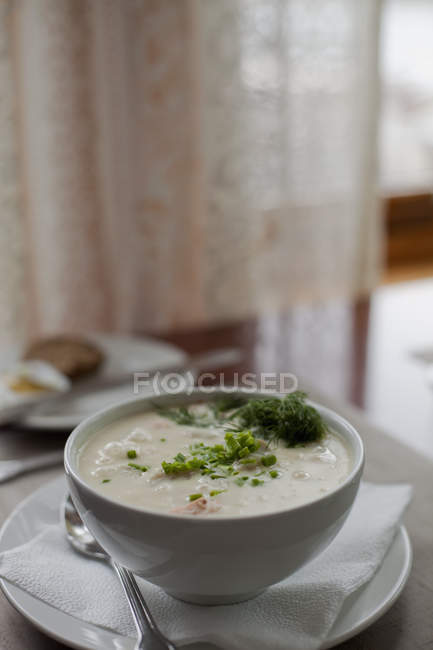 Tigela branca de sopa com guarnição em guardanapo de mesa . — Fotografia de Stock