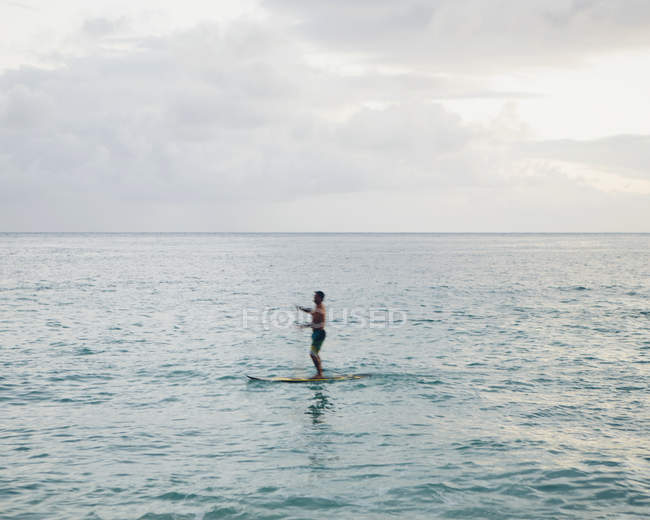 Man stand up paddling in calm water at dusk in ocean. — Stock Photo