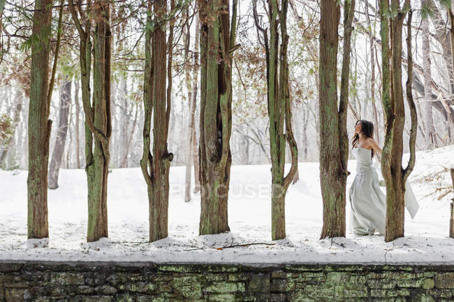 Jovem mulher em vestido de baile ao ar livre na neve entre árvores . — Fotografia de Stock