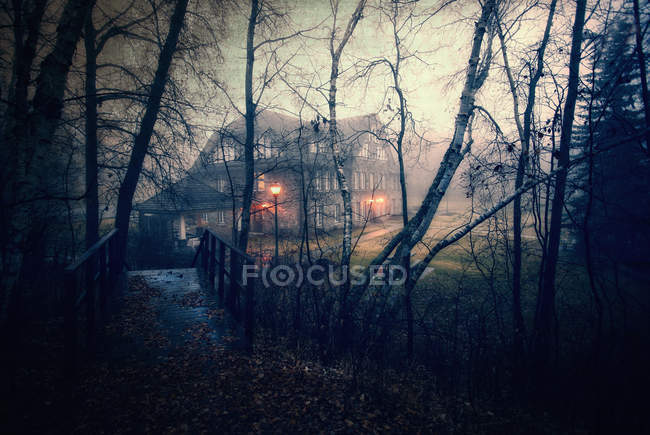 Grande casa al crepuscolo con luce incandescente nel bosco cupo con passerella
. — Foto stock