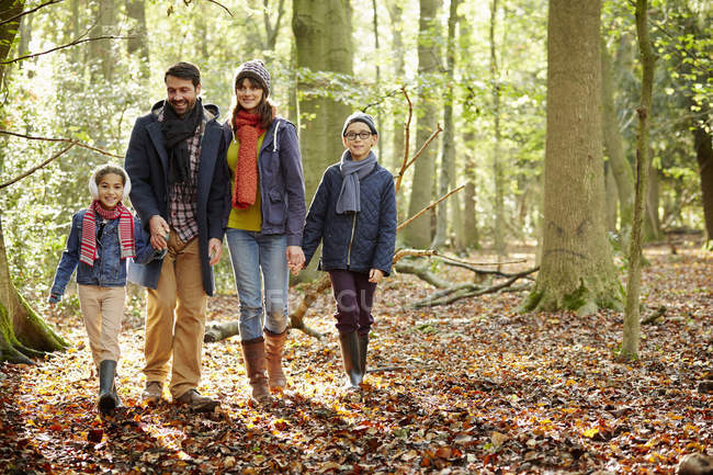 Famiglia in cappotti caldi camminando mano nella mano nei faggi in autunno
. — Foto stock
