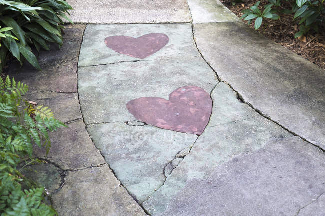 Pink heart shapes embedded in surface of walkway. — Stock Photo