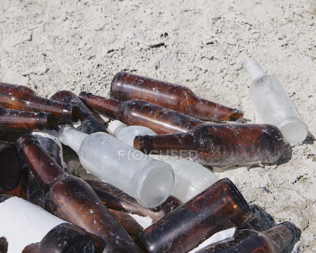Ausrangierte Bierflaschen in Wüste, Nahaufnahme. — Stockfoto
