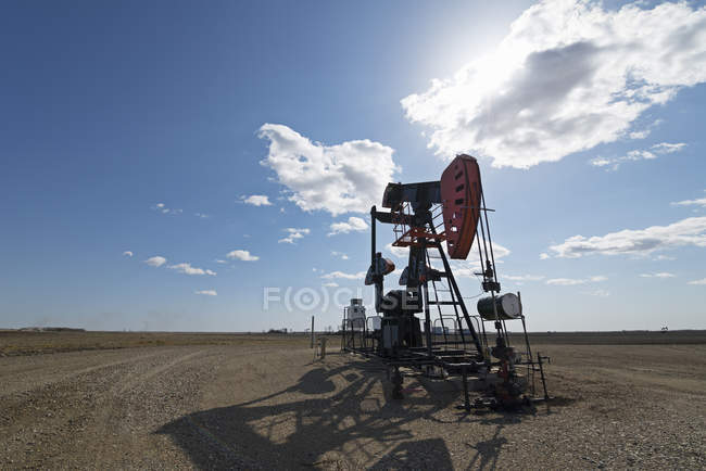 Pump jack in open ground at oil extraction site. — Stock Photo