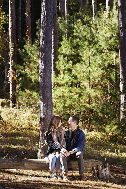 Couple sitting on log in pine forest. — Stock Photo