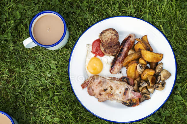 High angle view of English Breakfast on plate and mug of tea on green lawn. — Stock Photo