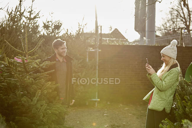 Woman talking picture of man and pine tree at garden center in soft sunlight. — Stock Photo