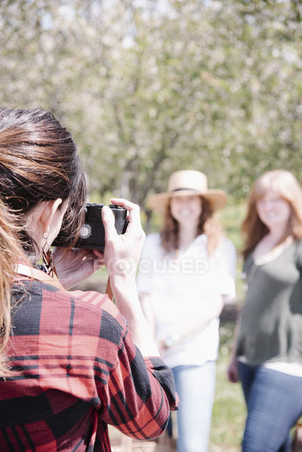 Vista posteriore della fotografa femminile che scatta foto di donne nel frutteto in estate
. — Foto stock