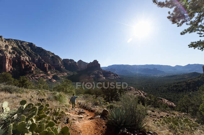 Donna in cappello da sole che cammina sul sentiero nel paesaggio montano del Parco Nazionale di Sedona, Arizona, USA . — Foto stock