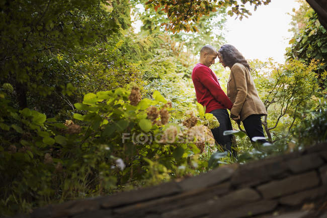 Hombre y mujer adultos tomados de la mano en el parque de la ciudad bajo los árboles
. - foto de stock