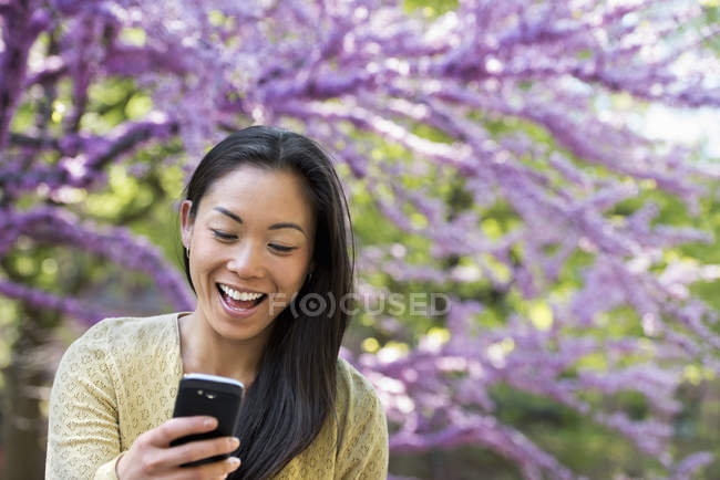 Frau schaut auf Handy und lacht im Park unter Baum mit rosa Blüte. — Stockfoto