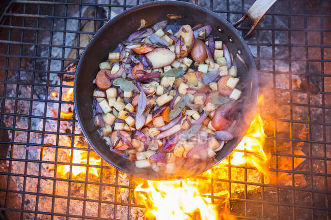 Meat in pan with mix of vegetables above glowing fire outdoors. — Stock Photo