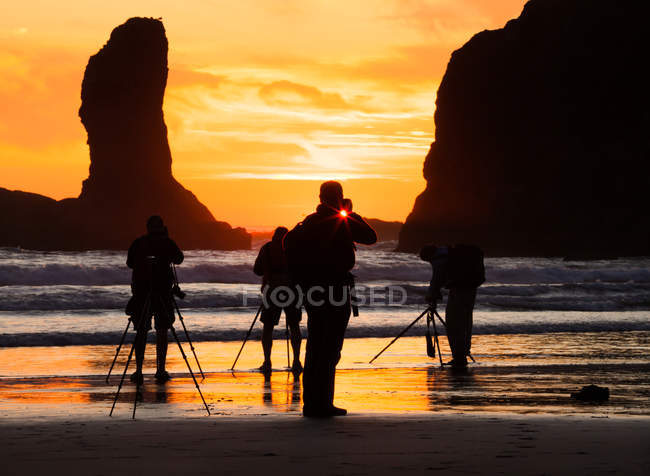 Siluetas de fotógrafos con equipo en la playa al atardecer en el Parque Nacional Olímpico, Washington, EE.UU. - foto de stock
