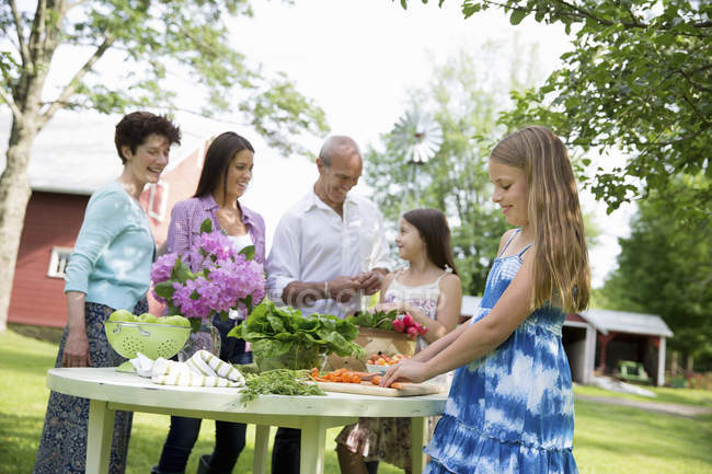 Famiglia che si riunisce intorno alla tavola e prepara frutta e verdura fresca . — Foto stock