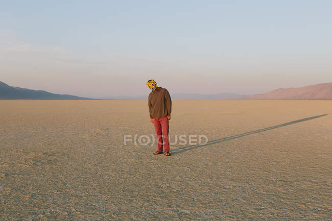 Man in tiger mask standing in landscape of Black Rock Desert in Nevada, USA — Stock Photo