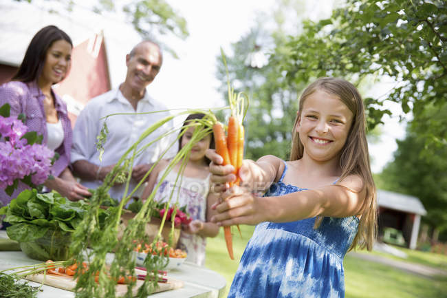 Menina segurando cenouras frescas com a família na mesa de jardim no campo . — Fotografia de Stock