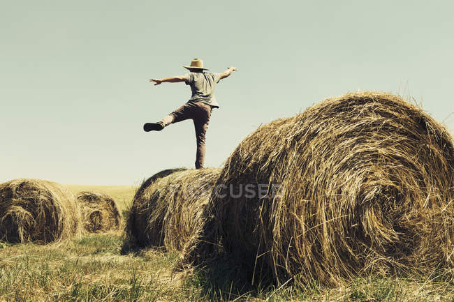 Visão traseira do homem equilibrando em um fardo de feno perna no campo . — Fotografia de Stock