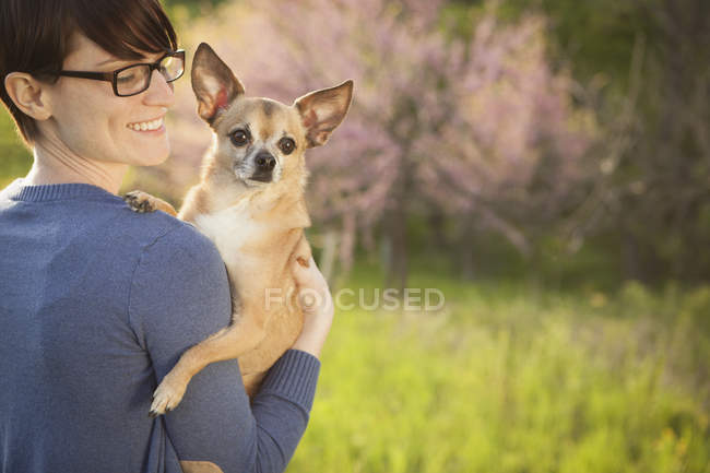 Giovane donna che tiene e abbraccia il cane chihuahua sul campo di erba nel parco . — Foto stock