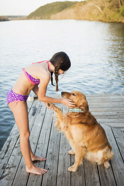 Pre-adolescent girl in swimwear with golden retriever dog lifting paw on pier. — Stock Photo