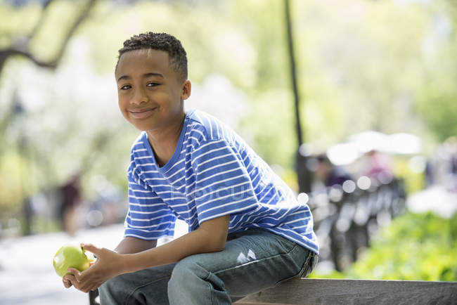 Elementary age boy sitting on fence and holding apple in sunny park. — Stock Photo