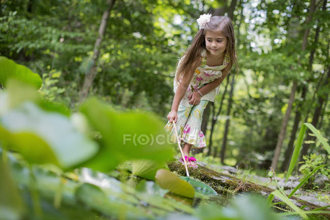 Niña preescolar jugando con la red de pesca en el estanque en el bosque
. - foto de stock