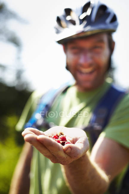 Close-up of wild raspberries in hand of male hiker. — Stock Photo