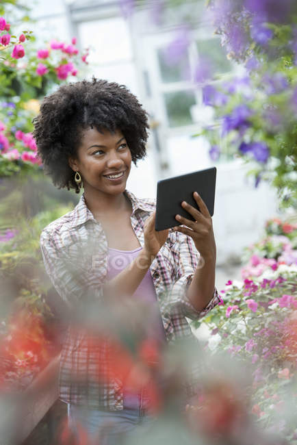 Mulher adulta média usando tablet digital em viveiro de plantas cercado por flores coloridas . — Fotografia de Stock