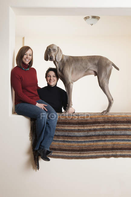 Pareja lesbiana posando con perro Weimaraner en nicho de pared . - foto de stock