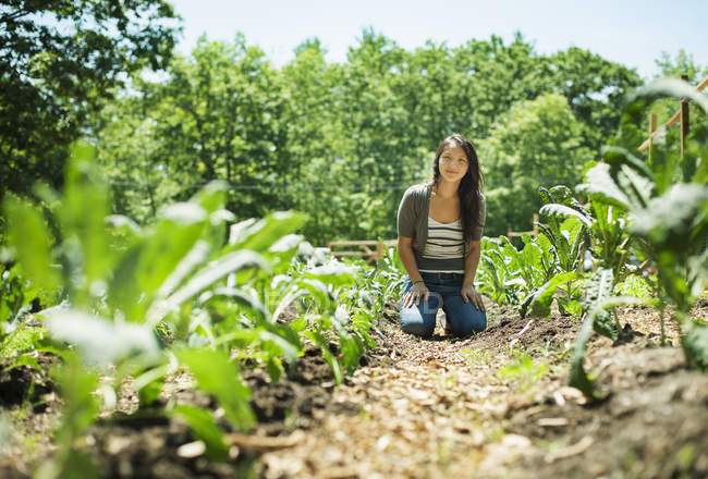 Giovane donna giardinaggio in fattoria tradizionale in campagna . — Foto stock