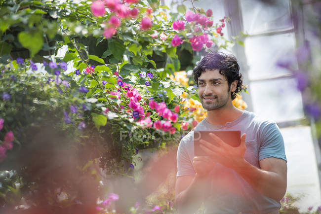 Hombre joven con tableta digital examinando flores en vivero de plantas - foto de stock