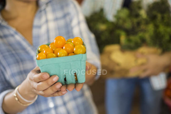 People with baskets of tomatoes and green leafy vegetables. — Stock Photo