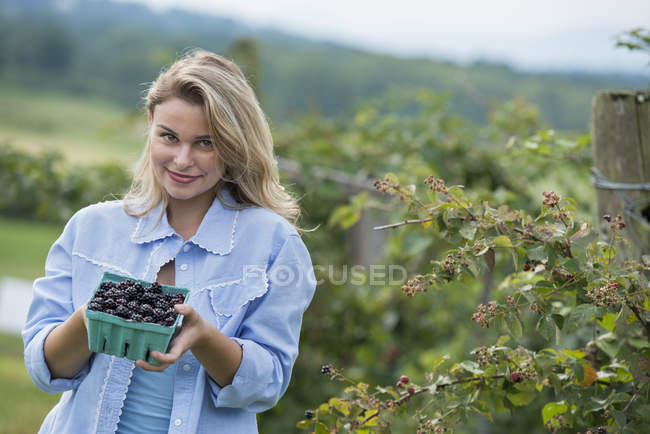 Молодая женщина держит полный паннет глянцевых ягод . — стоковое фото