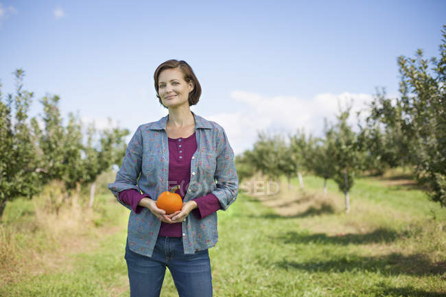 Mujer sosteniendo calabaza naranja en granja de frutas orgánicas . - foto de stock
