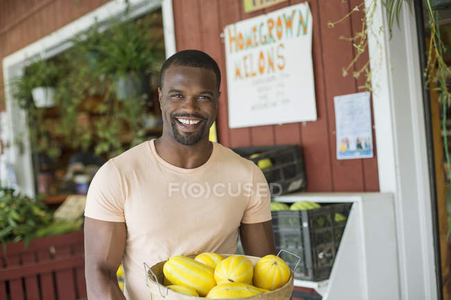 Cheerful man carrying basket of yellow squash vegetables at organic farm market. — Stock Photo
