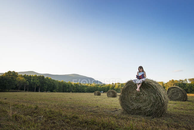 Elementary age girl in dress reading book on hay bale in rural field. — Stock Photo