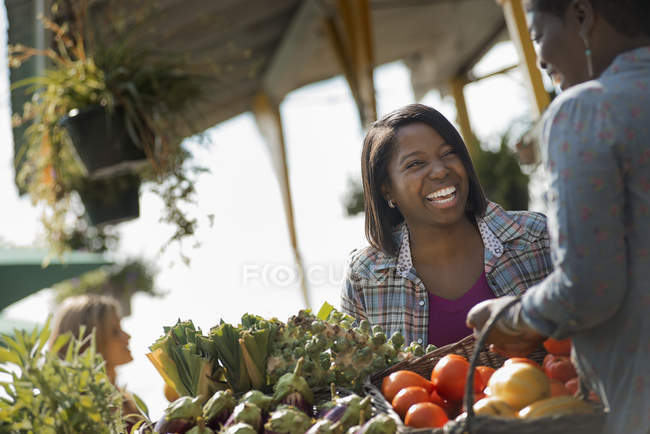 Women talking and shopping at organic farm stand — Stock Photo