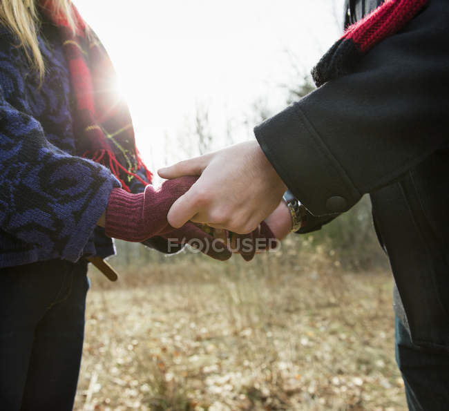Обрезанный вид пары в зимних пальто, держащихся за руки в зимнем лесу . — стоковое фото